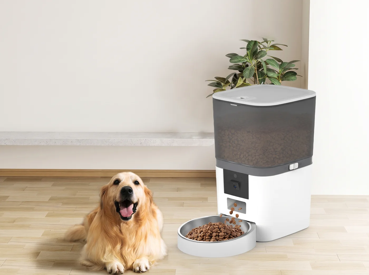 Een hond ligt naast de witte voerautomaat